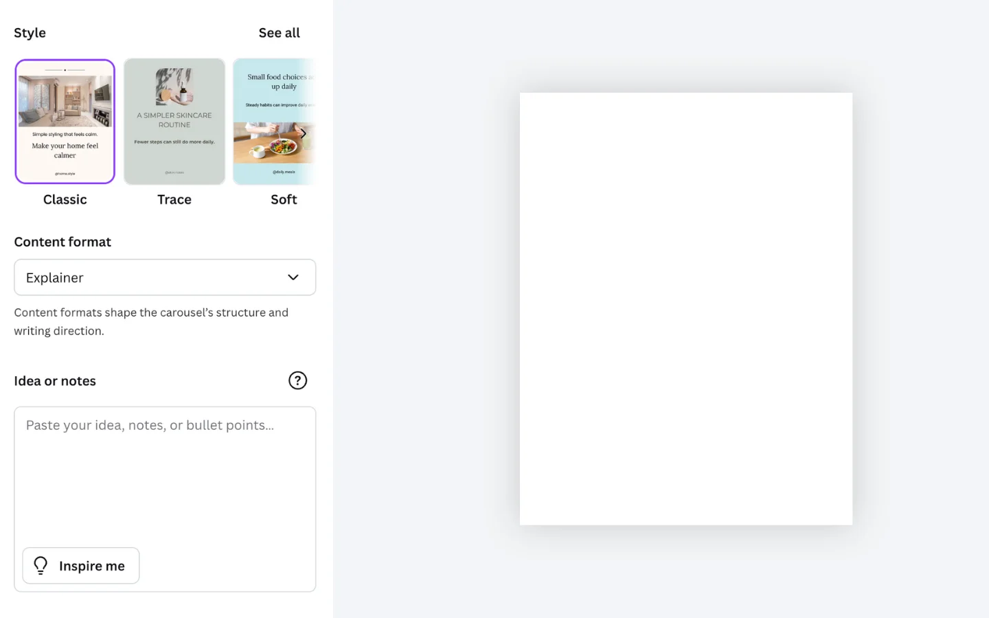 Carousel Builder setup screen showing style selection, content format selection, and content input inside Canva