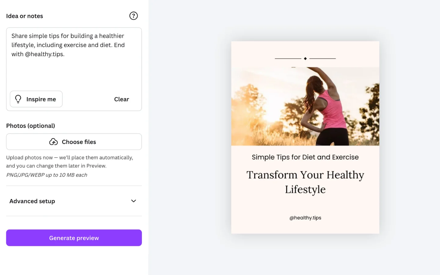 Carousel Builder setup screen showing style browsing, advanced options, and content fields inside Canva
